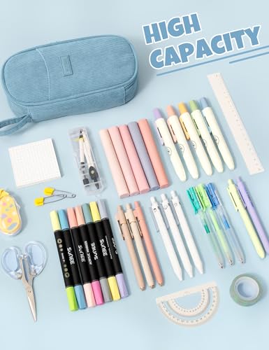 SUNEE Cute Pencil Case, Large Pencil Pouch, Aesthetic Big Pencil Bag with Zipper, Kawaii Stationery Storage and Organizer, School Supplies for Teen and Adult, Boys&Girls, Soft Corduroy Grey Blue - color: Grey Blue