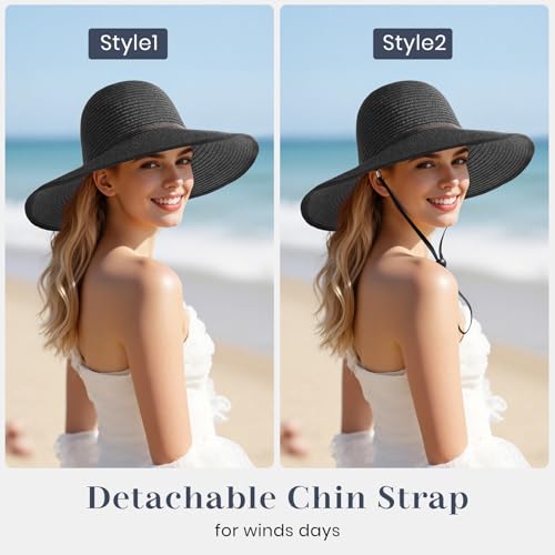 Sun Hats for Women, Straw Hats UPF 50+ Sun Protection, Wide Brim Womens Beach Hat for Summer Travel - color: Black