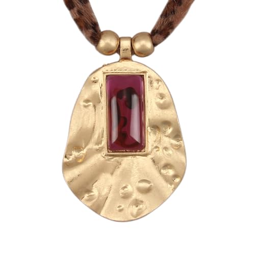 Boho Necklace for Women Adjustable Silicone Rope with Gold Beaded Pendant Chunky Handmade Vintage Jewelry - style: Leopard Red Stone Necklace