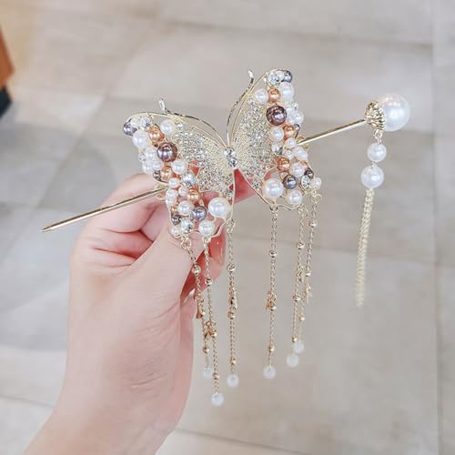 1 Piece Pearl Butterfly Hair Stick Vintage Tassel Hair Bun Holder Rhinestone Pearl Butterfly Hair Fork Hairpin Metal Ponytail Holder Hair Accessory for Women and Girls