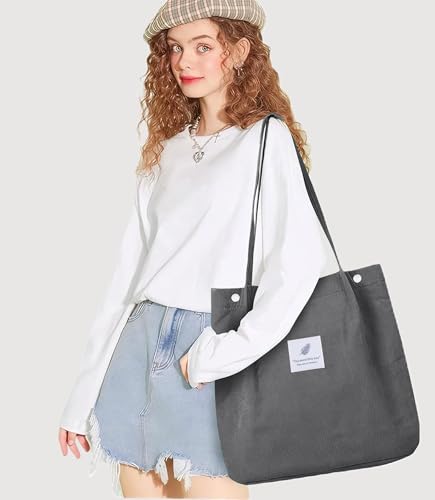 Corduroy Tote Bag for Women Small Canvas Shoulder Purse Cord Handy Bag with Inner Pocket | with Front Pocket - color: 02 Dark Grey