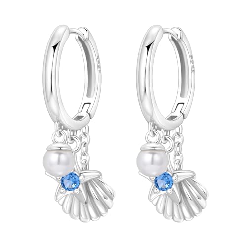 925 Sterling Silver Dangle Earrings for Women, Butterfly&Bee Animals Design, Hypoallergenic Jewelry gifts - color: Pearl starfish shell earrings