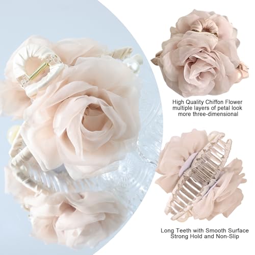 Large Chiffon Rose Flower Hair Claw Clips Boho Mesh Floral Hair Pins Barrettes Strong Hold Non-Slip Beach Vacation Hair Accessories for Women (Pink Large Chiffon Claw with Pearl) - color: Pink Large Chiffon Claw with Pearl