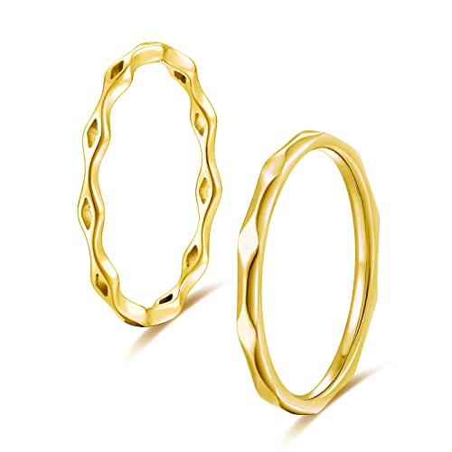 KAZITSAN 2pc 2mm Stainless Steel Rings for Women Girls Fashion Wedding Plain Band Knuckle Stacking Midi Rings Silver/Rose Gold Wedding Band Comfort Fit - color: BEHY01-Gold