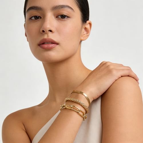 Alegend Titanium Steel (Not Rust, Resist Corruption, Easily Clean) 18K Gold Plated Single Bracelets + 14K Gold Plated Stackable Multilayer Bracelets - style: 14KGold + 3PCS