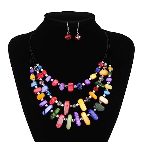 3 Layered Chunky Statement Necklace for Women Beaded Strand Necklaces with Earring Fashion Costumes Collar Necklace Jewelry Sets Gifts for Women - color: 50-Dark colorful