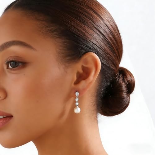 Pearl Earrings for Women Dainty Diamond Pearl Drop Earrings 14k Gold Plated Dangle Earrings for Women Weddings Gifts Bridesmaid Gifts - color: C-silver pearl earrings