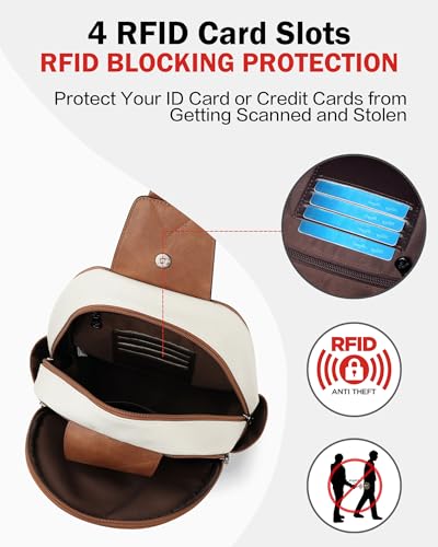 FADEON Large Sling Bag for Women, Leather Crossbody Purse Designer Anti Theft Sling Backpack, RFID Fanny Packs for Travel - color: Beige Brown
