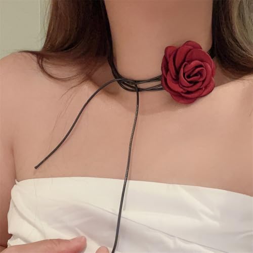 OIDIMS Rose Flower Jewelry Set for Women Classic Velvet Camellia Satin Flowers Choker Necklace Sexy Charms Floral Earring Bracelet for Party Bride Wedding Party Summer Holiday Necklaces - color: Red