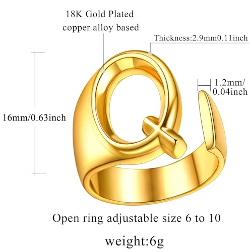 FindChic Customizable Initial Ring Statement 18K Gold Plated Fashion Cuff Rings for Women Alphabet Letter A to Z Resizable Knuckle Ring (with Gift Box) - color: Q