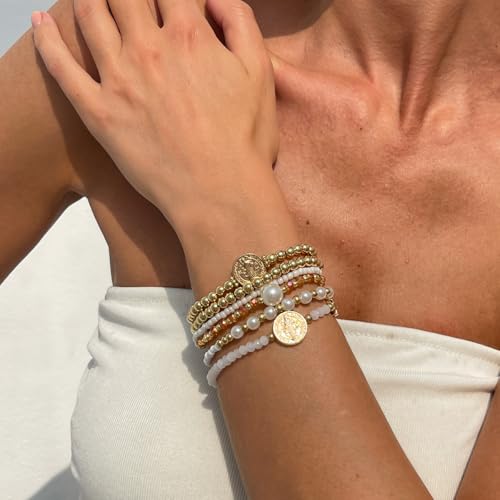 VIBILIA Gold Beaded Bracelets Set for Women 14K Gold Plated Dainty Pearl Cross Bracelet Stack Stretch Bracelet Set Fashion Accessories Gifts - color: 6P-6146K1-White