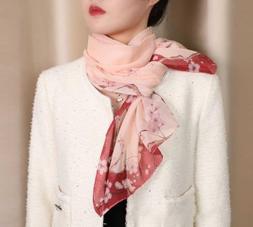 Xyueanlo Women's Chiffon Scarf Lightweight Scarves Fashion Elegant Floral Print Scarfs Shawls - color: Little Plum Blossom Red Pink