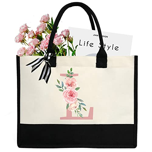 Initial Canvas Tote Bag for Women, Beach Bag with Inner Zipper Pocket Personalized Gifts for Wedding, Birthday | Initial - color: L