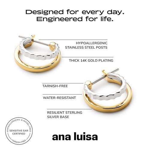 Ana Luisa Double Hoop Earrings for Women - 14K Gold Plated & Silver Rhodium Huggie Hoops - Hypoallergenic, Water-Resistant, Tarnish-Free, Small, Dainty & Trendy Two Hoop Earring Styles for Daily Wear - color: Two Tone Textured, size: Small