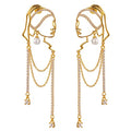 Unique Abstract Face Art | Dangle Statement Long Earrings for Women | Rhinestone Tassel Handmade Chandelier Earrings - color: gold