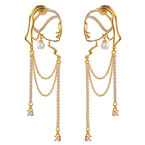 Unique Abstract Face Art | Dangle Statement Long Earrings for Women | Rhinestone Tassel Handmade Chandelier Earrings - color: gold