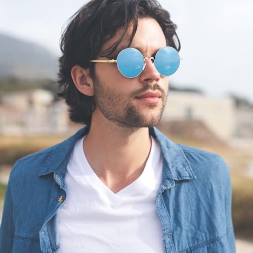 NACHLYNN Round Hippie Sunglasses Metal Border Circle Hippie Glasses UV380 Protection 70s Sunglasses for Men Women Party Favor - color: Light Blue