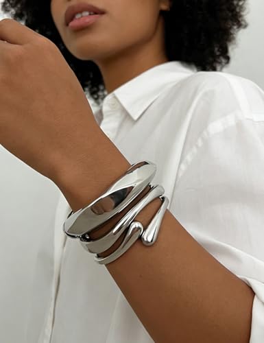 Chunky Gold Bangle Bracelets for Women, Dainty 14k Gold Plated Big Stackable Bangles Set, Trendy Statement Cuff Bracelet Stack Summer Beach Jewelry Gifts - style: Silver