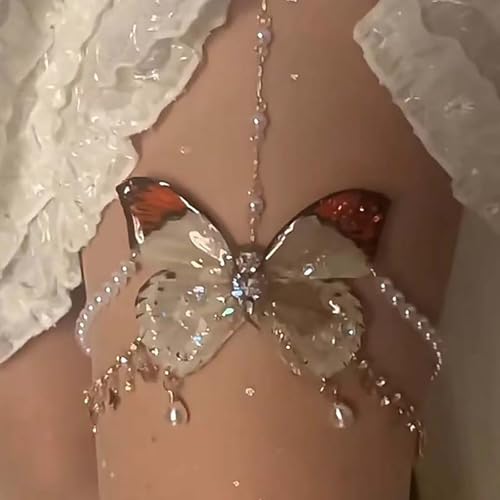 Butterfly Body Chain Rhinestone Fairy Thigh Jewelry Set for Women Party, Multi Layer Butterfly Necklace Shiny Transparent Wing Thigh Chain for Women - style: Butterfly Body Chain Rhinestone A