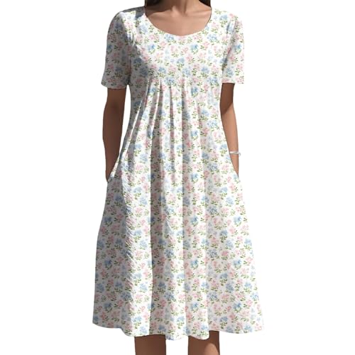 Midi Dress for Women Boho Floral Pattern Short Sleeve Crew Neck Vacation Beach Sundress Lightweight Comfy - color: Green White Blue, size: Medium