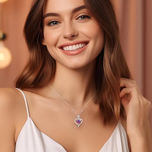 LOUISA SECRET Rose Flower Heart Birthstone Necklaces for Women, 925 Sterling Silver Jewelry, Pendant Heart Necklaces Birthday Anniversary Christmas Gift for Women Wife Mom Girlfriend Lady - color: White Gold-02-Feb