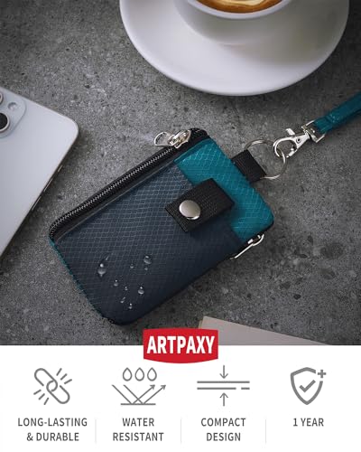 Artpaxy Minimalist Wallet For Mens Womens, Keychain RFID Blocking Zipper Small Wallet with ID Window 2 Lanyards,Water Resistant Travel Cash Card Coin Case Boys Girls - color: Dark grey+Blue green, style: Classic