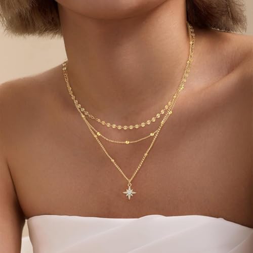 XIXINI Layered Necklaces for Women, Dainty Gold Necklace Stack 14k Gold Plated Layering Beads Choker Pendant Necklace Set Simple Statement Gold Necklaces for Women Trendy Fashion Gold Jewelry Sets - color: set2-Gold