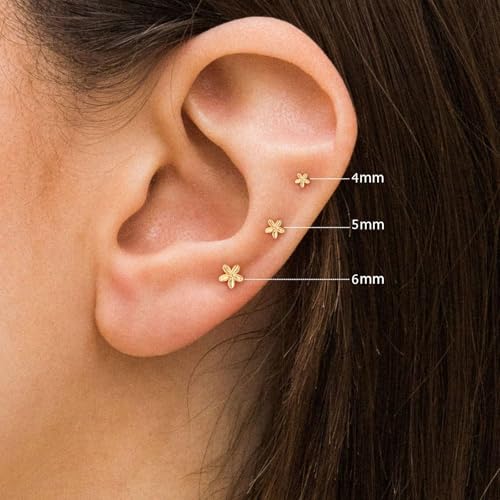 VRIUA 20G Tiny Flat Back Earrings for Women - 14K Gold/Silver Plated Small Flat Back Stud Earrings Hypoallergenic Cartilage Helix Piercing Jewelry - color: 4/5/6mm-Flower Flat Gold