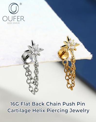 OUFER 16G Chain Cartilage Piercing Jewelry-316L Surgical Steel Gold Flat Back Push Pin Helix Earring, Star Clear CZ Double Chain Lobe Piercing Jewelry - style: Star-Gold
