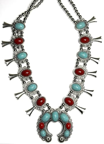 Red and turquoise stone squash blossom flower bib necklace