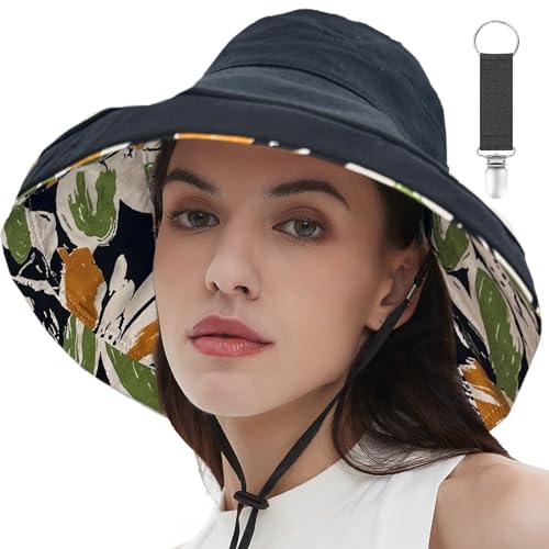 vidsel Womens Sun Hats Wide Brim Reversible Bucket Cotton Hat Packable Summer Travel Cap with Hat Clip,UV Protection - color: Black2, size: Medium
