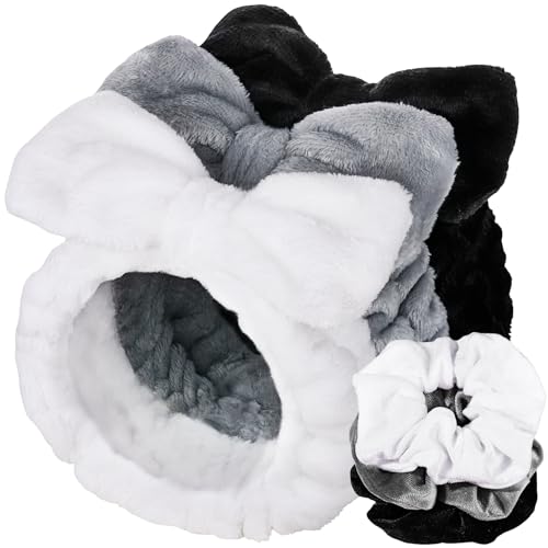 LEOBRO Spa Headband, 6pcs Makeup Headbands and Hair Scrunchies, Bow Skin Care Headband for Washing Face for Teen Girls Women, Easter Basket Valentines Gifts for Girls, Black & White & Gray - color: Black, White, and Gray