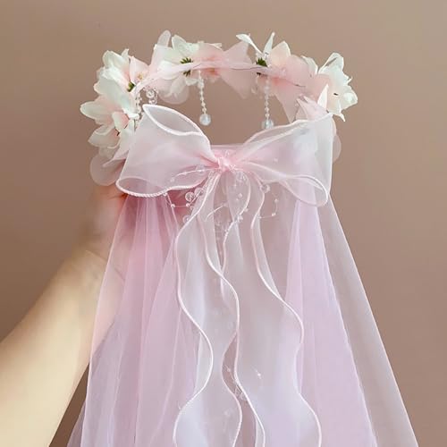 Artificial Flower Crown Headband for Women Girls – Boho Floral Wreath Halo for Weddings, Photoshoots, Festivals, Birthdays, and Costume Parties (Pink Flower Bowknot, Adjustable) - color: Pink Flower Bowknot