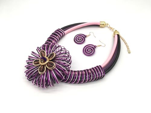 Statement African Necklace For Women African Jewelry Costume Earring Sets Tribal Fashion Colorful Big Rhinestone Crystal Pendent Collar Choker Bold Chunky Bib Handmade - color: Flower Purple