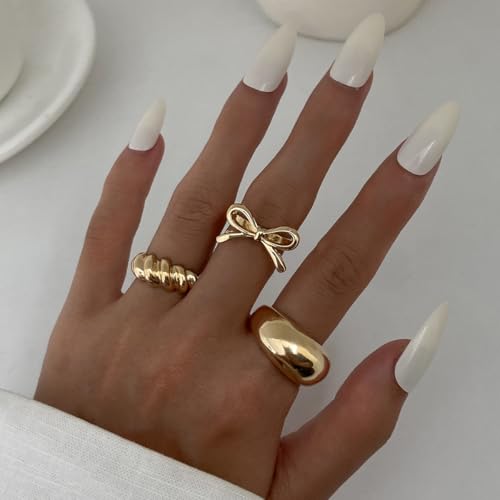 Chunky Gold Rings for Women Non Tarnish Silver Chunky Rings Set Adjustable Thick Statement Ring Gold Stackable Ring for Women Trendy Fashion Silver Jewelry - style: Style7-Gold Bow