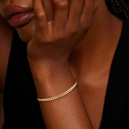 IEFWELL S925 Sterling Silver 14K Real Gold Plated Bracelet Hypoallergenic 4mm Diamond Cut Cuban Link 6.5 7 7.5 8 8.5 9 Inches for Men Women Jewelry Gifts - color: 14K-Gold-Plated, size: 9 Inch-Men's Extra Large
