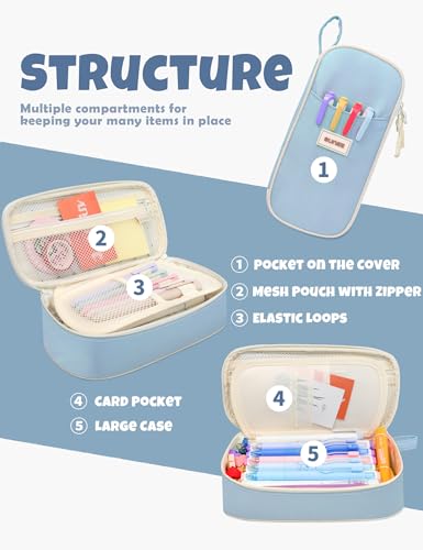 SUNEE Cute Pencil Case, Aesthetic Pen Pouch, Colored Large Pencil Bag with Zipper, Kawaii Stationery Storage and Organizer, School Supplies for Teen and Adult Girls, Blue - color: Blue