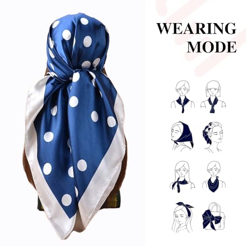 35” Satin Large Square Head Scarves-Like Silk Satin Scarf for Hair Wrapping at Night Bandana Square Scarf for Sleeping - color: Big Polka Point-blue