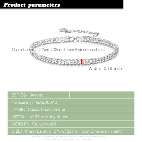Dankadi 925 Sterling Silver Anklets Bracelet Women/Men Waterproof Simple Durable Chopin Chain/Cuban Link/Figaro/Box/Twist Rope Chain For Beach Foot Jewelry Gift - color: 4MM Cuban Chain, size: 27cm