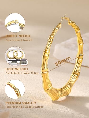 KeyStyle Bamboo Hoop Earrings for Women, Stainless Steel 90s Hoops Earring Lightweight Loops for Party, 2 mm Thick Hypoallergenic Vintage Circle Endless Thin Hoop (40mm, 60mm, 80mm,) - color: 14K Plated Gold-80mm