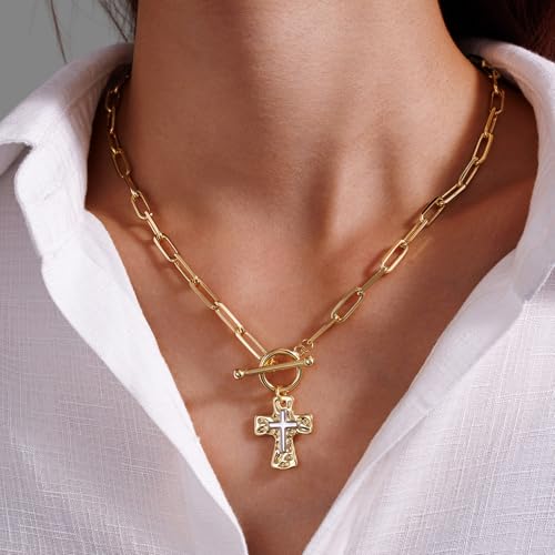 Chunky Cross Necklace for Women, 14K Gold/Silver Plated Statement Paperclip Chain Double Cross Pendant Necklaces Non Tarnish for Faith Religious Christian Jewelry Gifts - color: Gold2