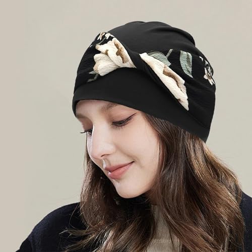 Women Knot Slouchy Beanie Chemo Hat Twist Stretch Cancer Head Wraps Sleep Head Scarf - color: Black Beige Flowers