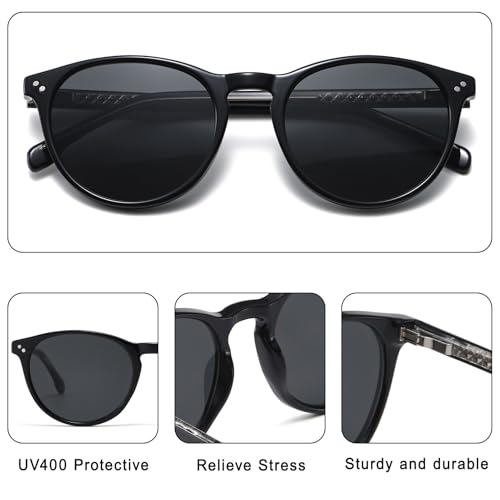 Round Sunglasses for Women Men, Trendy Round Shades Sun Glasses, Retro UV400 Protection - color: Black