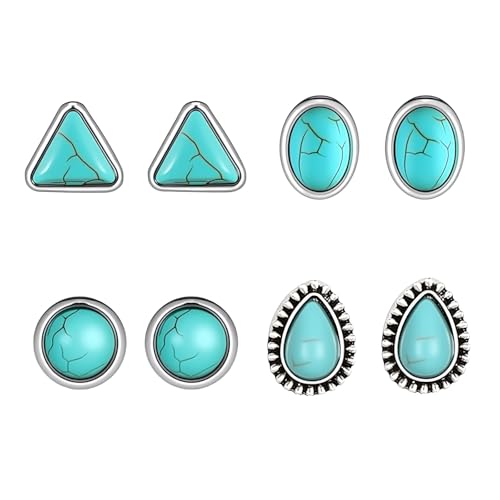 4 Pairs Western Turquoise Stud Earrings Set for Women, Bohemian Vintage Ear Studs (Oval, Round, Square), Statement Earrings Southwestern Cowgirl Jewelry Accessories Gifts
