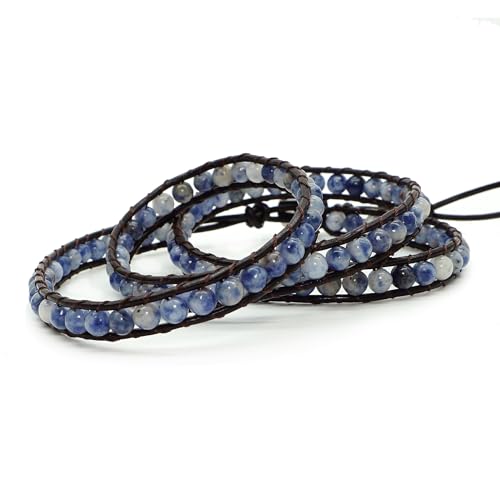 3 Wrap Genuine Leather Bracelet Gemstone Bead - color: Planet Blue