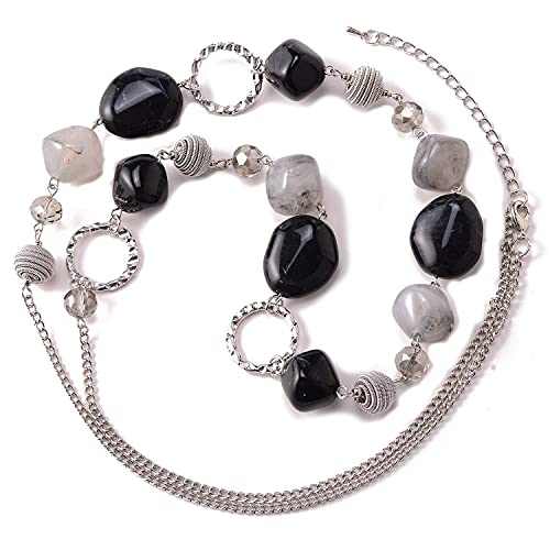 BULINLIN Beaded Long Necklace for Women Silver Sweater Chain Necklace with Crystal Resin Beads, Fashion Jewelry Necklace - color: 53-Black and grey