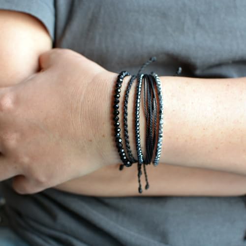 Mezcla Vida Handmade Waterproof Rope Bracelets Pack String & Beaded Bracelet Stack - Set of 5 Stackable Bracelets For Women, Summer Accessories & Bohemian Bracelets for Teen Girls - color: Black