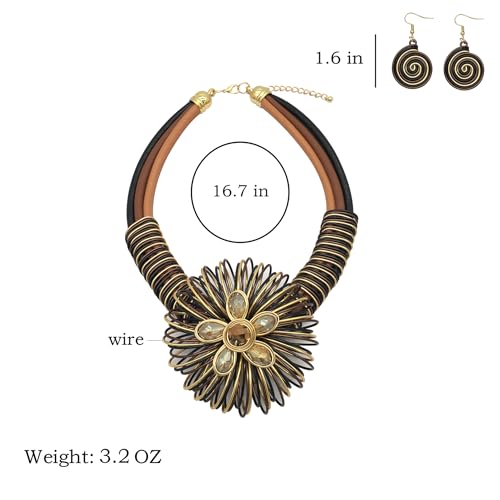 Statement African Necklace For Women African Jewelry Costume Earring Sets Tribal Fashion Colorful Big Rhinestone Crystal Pendent Collar Choker Bold Chunky Bib Handmade - color: Flower Brown
