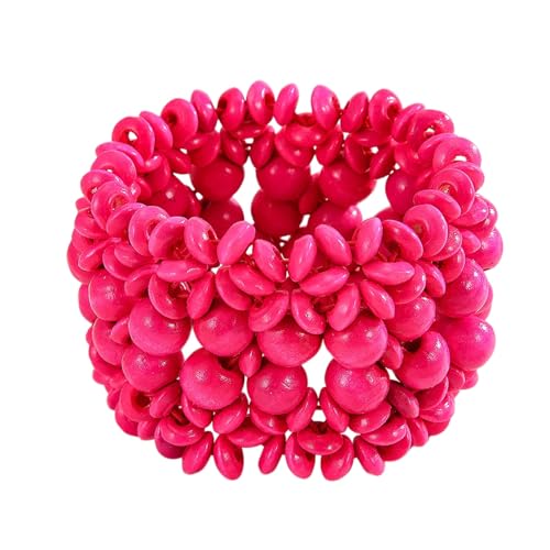 Boho Wide Chunky Colorful Wooden Thick Shell Elastic Stretch Bracelet Handmade Bohemia Summer Beach Vacation Adjustable Lightweight Wood Wristband Jewelry for Women - color: pink
