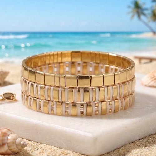 Tila Flat Square Stack Beaded Bracelets Set for Women Men, Boho 3Pcs Romantic Handmade Healing Gold Colorful Stretch Accessories Jewelry, Daily Vacation Party Holiday Friendship Gift - color: Different Gold